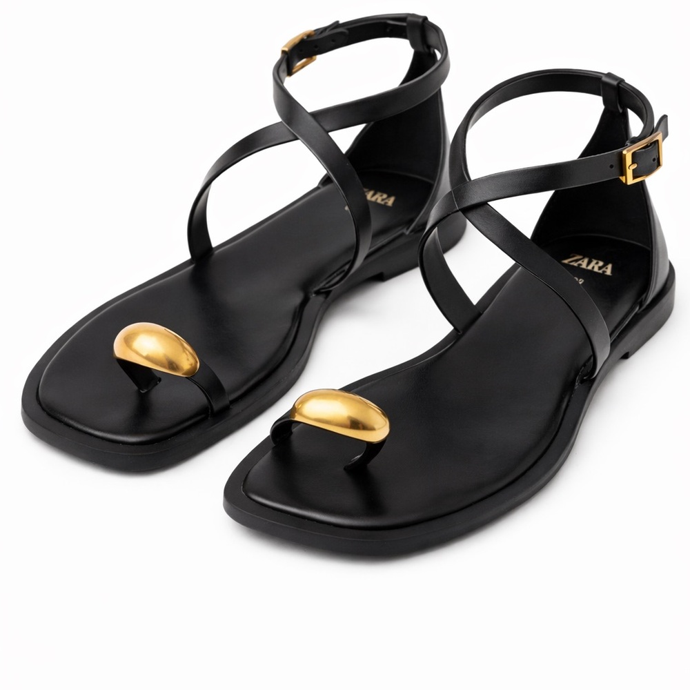 Zara Black Leather Crisscross Toe-Ring Sandals with Gold Accent